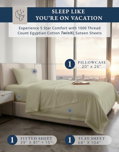 Image of LANE LINEN Twinxl Sheets Set 1000 Thread Count 100% Egyptian Cotton - Linen | Twin XL Sheets Pattern - 3-Piece Set, 15 inch Deep-Pocket Snug Fit, Made For Trundle Beds, For Guests And Everyday Use