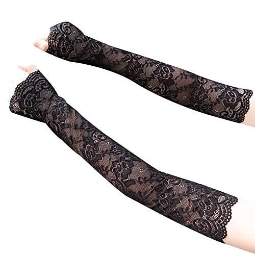 Katutude Women Lace Gloves - Long Fingerless Floral Lace Gloves Elbow Length Gloves UV Protection Arm Sleeves for Wedding Opera Party Outdoor Activities, Black