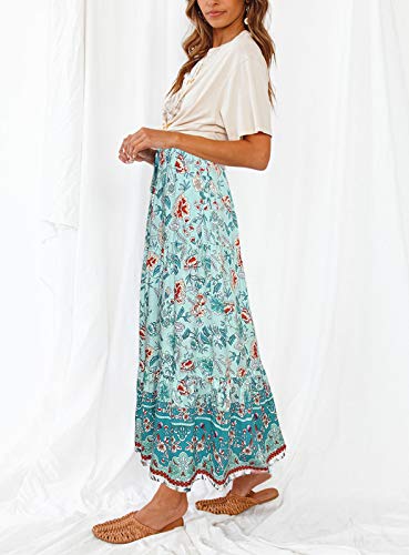 Zesica Women's 2023 Bohemian Floral Printed Elastic Waist A Line Maxi Skirt With Pockets,Turquoise,Small #TOP2