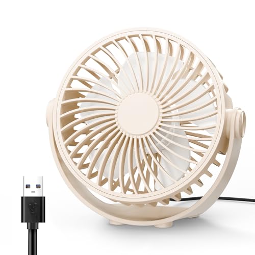 USB Desk Fan, 5 Inch Mini Portable, 3 Speeds Strong Airflow Personal Desktop, Detachable Cooling Fan 360° Rotation Quiet Small Fan for Desk Home Office Travel Car, Beige, 5ft Cable
