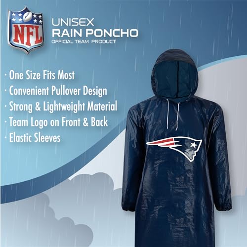 Image of NFL Waterproof Rain Poncho for Adults, Sporty, Elastic Sleeves and Drawstring Hood, Unisex Rain Coat