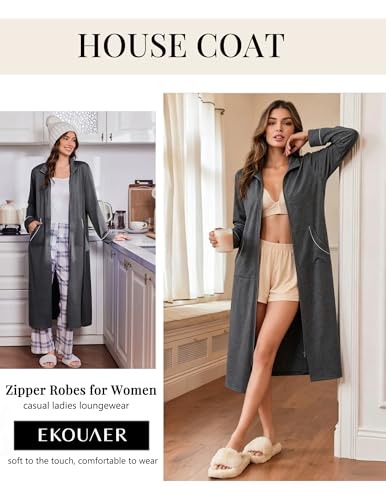 Image of Ekouaer Zipper Robes for Women Long Sleeve Lightweight House Coats with Pockets Zip Up Bathrobe Loungewear S-3XL