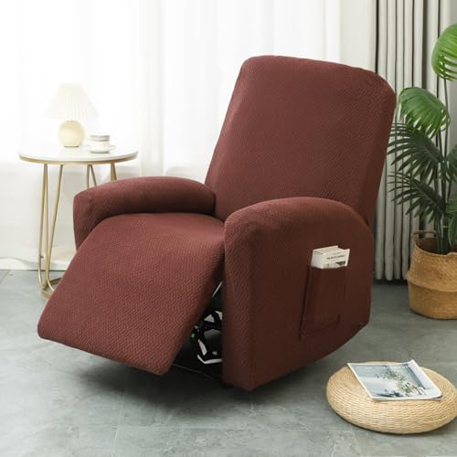Hearda Copripoltrona Relax Reclinabile Elettrica Universale, Marrone Jacquard Fodere per Poltrona Relax 1 Posto, Elasticizzato Copridivano Reclinabile con Tasca Rimovibile