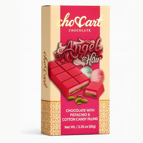 ChocCart Angel Hair Dubai Chocolate Milk Chocolate with Pistachio & Cotton Candy Filling – Viral Knafeh Chocolate Dessert Bar in Luxury Gift Box, Rich Milk (95g / 3.35 oz) - Made in Dubai (1 Pack, Cotton Candy)
