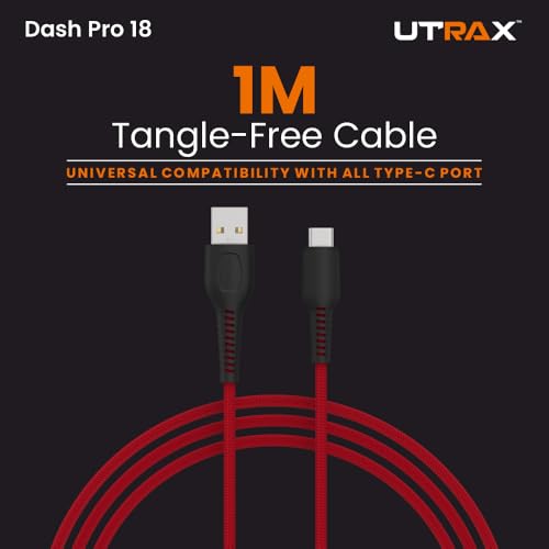 Image of UTRAX 65W USB A to Type C Fast Charging Cable, Unbreakable Nylon Braided, Multi Protocol Support, Copper Connector, Fast Charge & Data Sync for Android Smartphones, Tablets (Red)