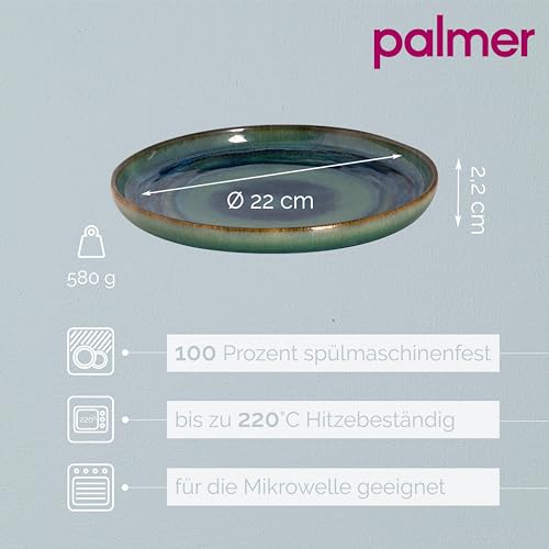 palmer Miami flache Teller-Set - 2er Set FrühStücksteller aus Steinzeug Ø 22 cm - Teller grün-blau - ofen-, mikrowellen- & spülmaschinenfest