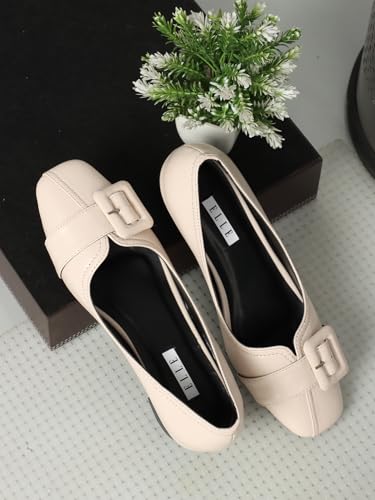 Image of ELLE Women's Square Toe Block Heels Slip-On Pumps with Buckle Detail