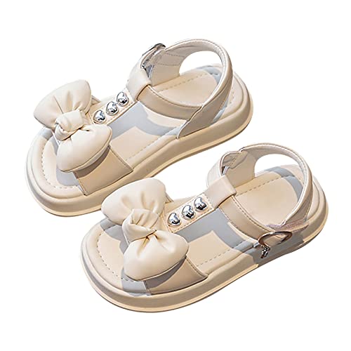 Girls Leather Open Toe Princess Flat Shoes Strappy Bow Tie Summer Sandals(Toddler/Little Kid) Princess Dress Shoes (White, 10.5 Little Child)