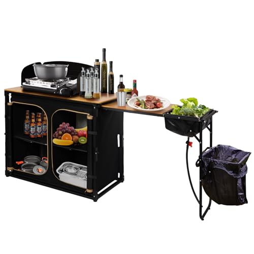 KingCamp Camp Kitchen Table, Portable Camping Cooking Organizer, Extended Slide-Out Bamboo Work Station with Sink, Pop-up Extra Large Storage Space, Idea for RV, Van, Outdoor, Glamping, Grill