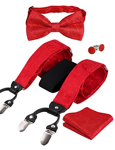 Alizeal Mens Classic Paisley Suspender Bow Tie Hanky and Cufflinks Set (Red)