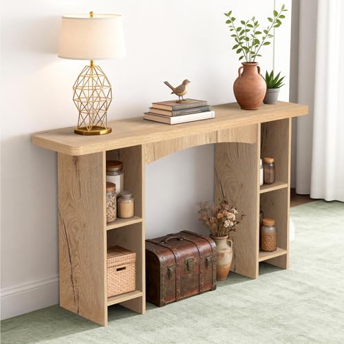 Image of Sonharlar 55 Inch Entryway Table Single-Shelf Cabinet, 1.6 Inch Thick Desktop Wooden Console Table with Socket Farmhouse Sofa Table for Entrance, Hallway, Living Room,Behind Couch(Natural Brown)