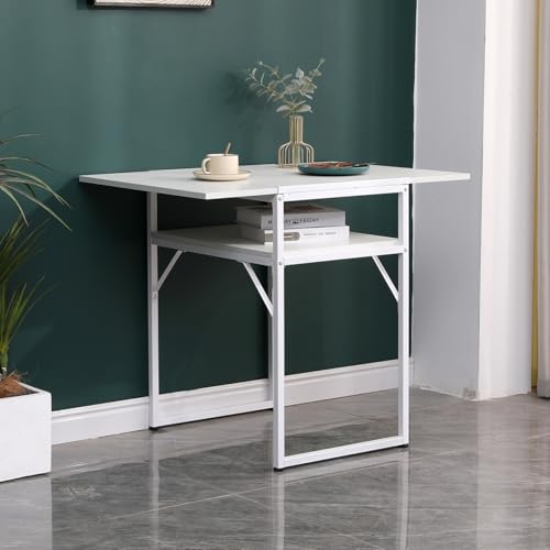 Homullel Drop Leaf Dining Table for Small Spaces, Folding Kitchen Table for Dining Room Dinette, Space Saving Extendable Butterfly Workstation Desk, Compact Foldable Gateleg Table (White) - Image 2