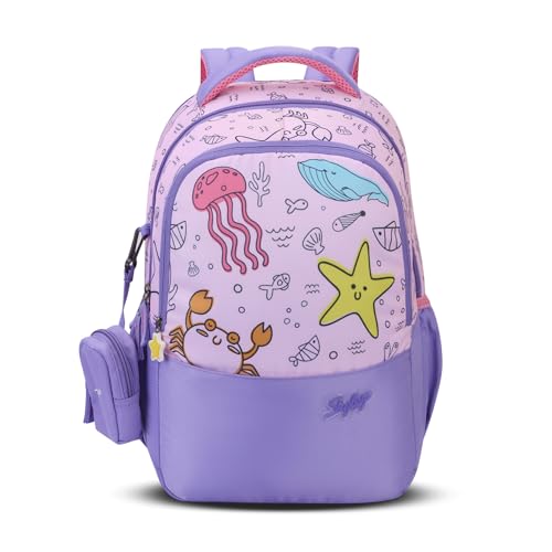 Image of Skybags Ruby Soft Feel Fabric 3 Compartments 2 Bottle Pockets Detachable Happy Pouch 22 Liters School Backpack For Girls