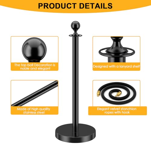 Image of LOVMOR 12Pcs Black Stanchion Posts Queue with 8pcs Black Velvet Rope, Crowd Control Barriers Queue Line Rope, Crowd Control Stanchion for Party Supplies