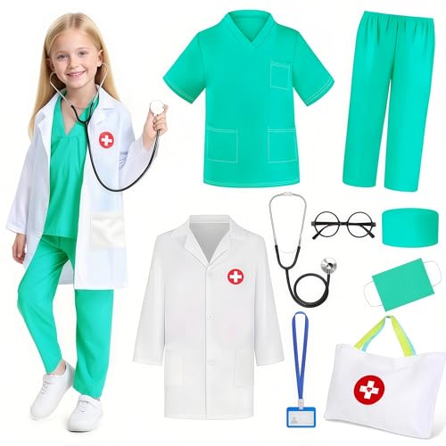 Wbesty Costume de Docteur pour Enfants 9 Pièces Garçon Fille Tenue de Rôle de Médecin avec Poche Scrubs pour Enfants à Habiller pour Halloween Jeu de Rôle