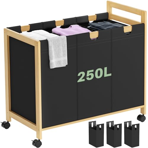 250L Laundry Sorter Cart with Wheels, 3-Section Rolling Laundry Basket with Removable Bags, 66 Gal Large Laundry Hamper Organizer, Heavy Duty Bamboo Frame, Water-Resistant, Black