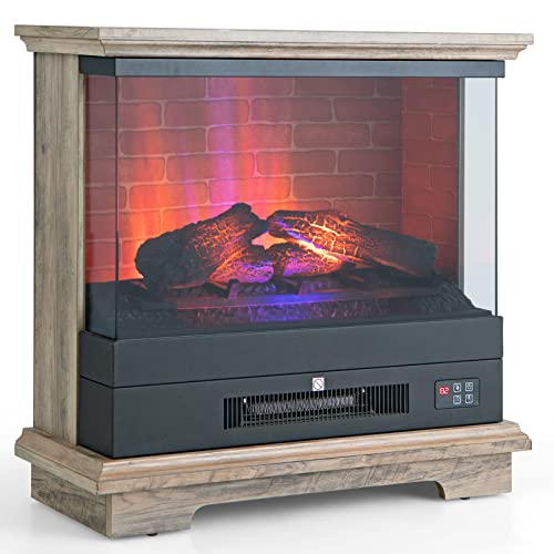 Tangkula 27 Inch Freestanding Fireplace, 1400W Electric Fireplace Heater w/3-Level Vivid Flame & Thermostat Control, 0.5-6H Timing Function, Overheating Protection for Living Room, Bedroom (Natural)