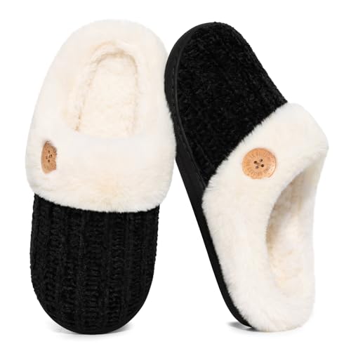 Image of Evshine Warm Knit House Slippers for Women Comfy Wool-Like Lined Chenille Slippers with Memory Foam and Indoor Outdoor Soles
