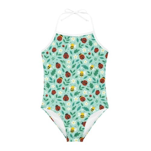 Image of KiuLoam Orange Pink Tropical Leaf Girls One Piece Swimsuit Quick Dry Beach Swim Bathing Suit for 3-8 Years Little Girls