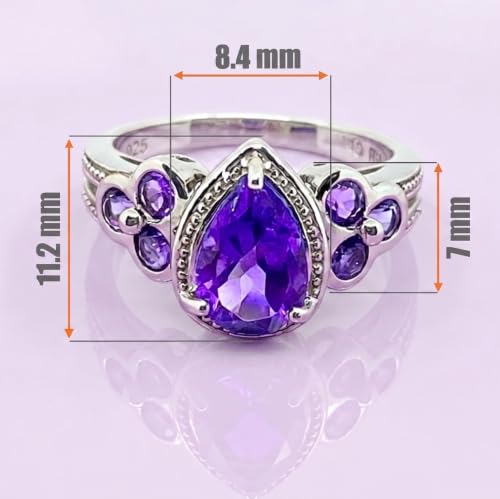 Image of 925 Sterling Silver Ring Genuine Gems Pear Shape 9x6 mm with Bezel-set Accented Gems, Rhodium-Plated Finish