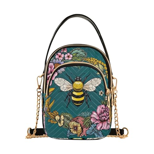 Womens Shoulder Handbag Vintage Bee Floral Dark Green Quilted Chain Strap Cell Phone Purse Cute Zipper Designer Bowler Tote, 5.9