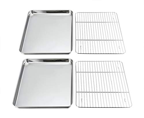 P&P CHEF Baking Sheets and Racks Set 2 Sheet  2 Rack Stainless Steel Baking Pan Cookie Sheet with Cooling Rack Size 16x12x1 Non Toxic Healthy Easy Clean