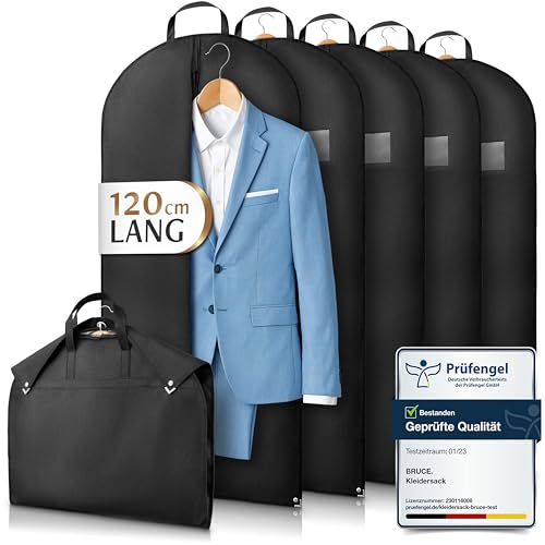 Bruce.® 5x Kleidersack Kurz 120x60 cm – Hochwertige Kleiderhülle für Anzug, Blazer, Kostüm & Kleid – 120 GSM Materialstärke – Anzugtasche für Reisen & Aufbewahrung - Kleidersäcke herren - Schwarz