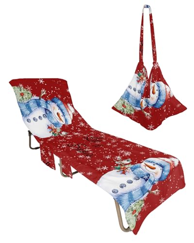 Christmas Snowman Beach Lounge Chair Towel Cover, Soft Chaise Lounge Towel with Side Pockets Patio Pool Chairs Cover for Beach/Pool Sunbathing 29x85 Xmas Birds Winter Snowflake Red
