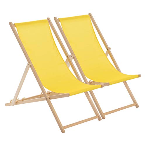 Lot de 2 chaises longues traditionnelles pliantes en bois – Jaune moutarde pour adultes – Chaise longue d'extérieur en toile pour jardin, terrasse, plage...