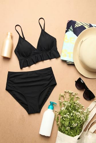 Image of Tempt Me Women High Waisted Ruffle Bikini Set Two Piece Swimsuits Flounce Tummy Control Bathing Suit