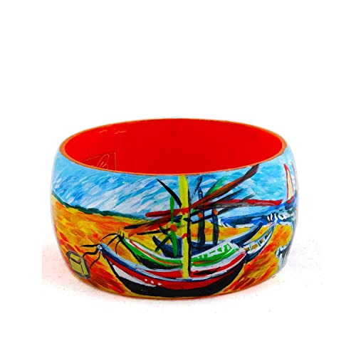 Bracciale dipinto a mano – BARCHE DI PESCATORI SULLA SPIAGGIA DI LES SAINTES-MARIES-DE-LA-MER DI VAN GOGH - Bracciale da donna, Gioiello in legno, Made in Italy, Bijoux, Lavorazione Artigianale