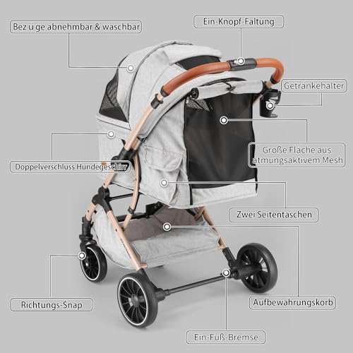 EchoSmile Ein-Knopf-Falt Hundewagen, Hundebuggy bis 20kg für kleine mittel Hunde & Katzen, Hunde Buggy & Katzenwagen mit Umkehrbarer Griff, Stoßdämpfung & Abnehmbares Waschbares Pad (Grau)