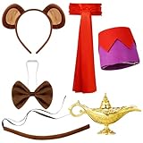 WGXX Set of 6 Halloween Monkey Costume Set and Adult Costume Accessory Including Monkey Ears Headband with Hat Hairclip Bowtie Tail Long Red Sash Magic Genie Lamp for Cosplay Party Supplies