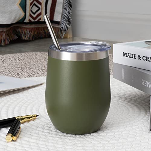 Image of 12 oz Insulated Stainless Steel Stemless Wine Tumbler with Lid and Straw, Navy Green