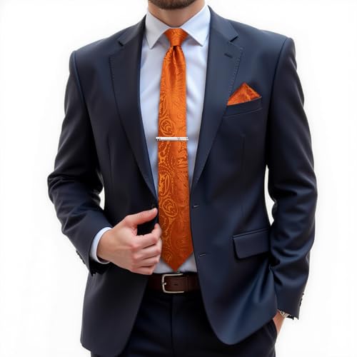 Image of DiBanGu Paisley Ties for Men Silk Necktie and Pocket Square Cufflinks Tie Clip Set Woven Classic Mens Tie for Wedding Party