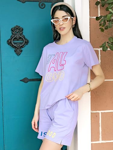 Image of ZEYO Night Suit for Women's Typography Printed Cotton Night Dress of Top and Shorts