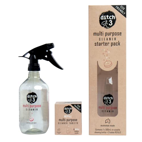 ditch3 eco friendly multi purpose cleaner starter pack. x1 reusable cleaning spray bottle 500ml. x3 fast dissolve refill cleaner tablets, Mottled orange white