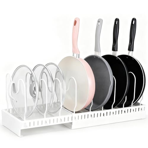 Voency Pots and Pans Organiser Expandable Pans Organiser Rack Pot Lid Holder with 10 Adjustable Dividers Kitchen Cupboard Organiser Cutting Board Cast-iron Pan Heavy Cookware (White)
