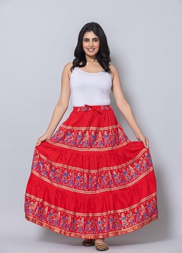 Image of Women's Cotton Printed Long Skirt | Ethnic Folk Print Tiered Maxi Skirt for Women | Elastic Waist Flared Boho Skirt | Traditional Casual for Women