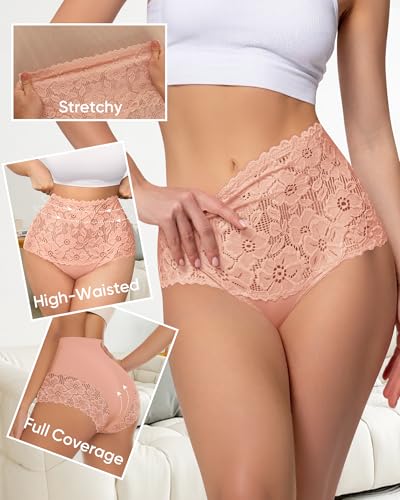 Women's High Waisted Underwear Ladies Lace Seamless Sexy Panties Breathable Soft Stretch 4 Pack Full Coverage2