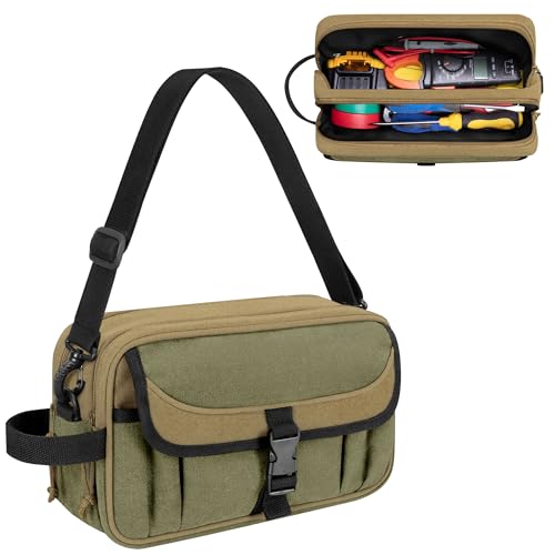 Trahzia Pequeña bolsa de herramientas con cremallera, bolsa organizadora de herramientas de doble capa, bolsa de almacenamiento resistente con correa para el hombro para electricista, caqui/verde