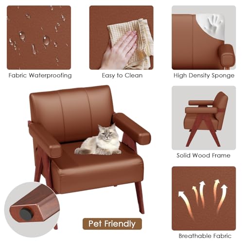 Image of STHOUYN Faux Leather Accent Chairs Set of 2, Wooden Arm Chairs (Brown) | STHOUYN, Mid Century Modern, Living Room, Office ,Waiting Room