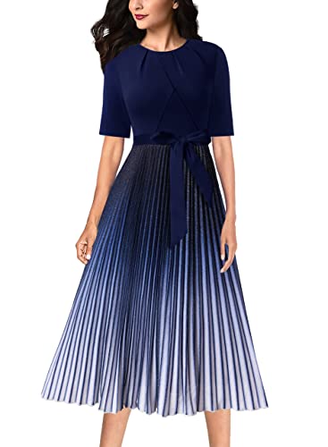 VFSHOW Womens Elegant Patchwork Belted Work Business Office Casual Party Pleated A-Line Midi Dress