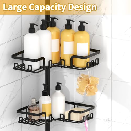 Image of KEGII Shower Caddy Tension Pole with 2 Towel Bars, Corner Shower Organizer Shelves for Bathtub Shampoo Storage, Adjustable Shower Tension Rod with Razor Holder & Hooks