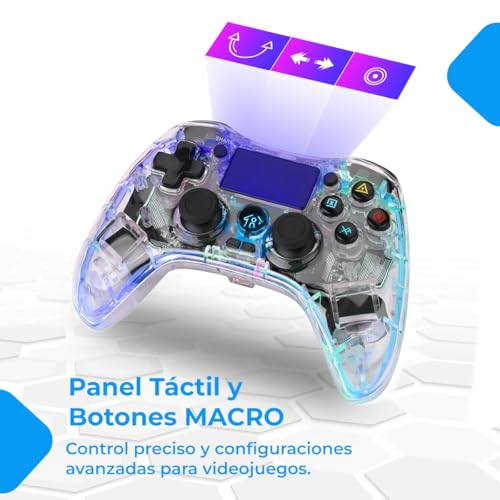 NK Mando para PS4 / PC/Android - Wireless Controller con Vibración, 6 ejes, 2 botones MACRO, 7 Modos de Luz LED, Panel Táctil, Entrada para Auriculares, Cable de Carga incluido - Negro Transparente - imagen 5