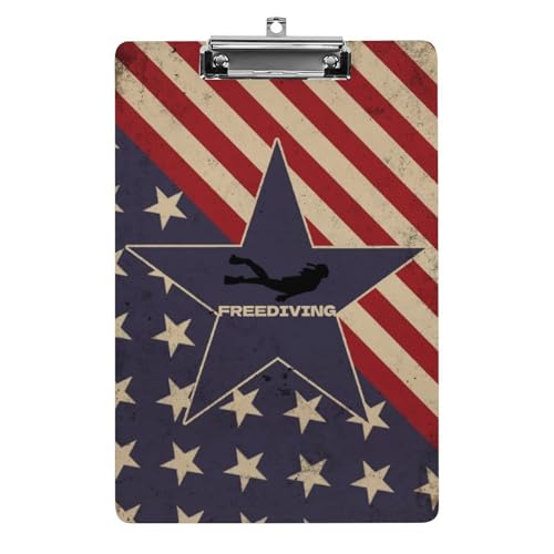 Vintage American Flag Freediving Office Clipboard Hangable Pen Holder Low-Profile Clip Size A4 8.5×12.5Inch for Office Business