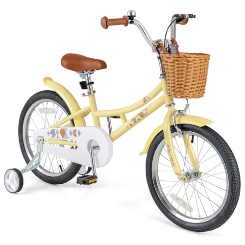 Image of BABY JOY Retro Kids Bike, 12 14 16 18 Inch Child Bike for 3-8 Years Old w /Rattan Basket, Adjustable Height, Training Wheels, Fenders, Handbrake Coaster Brake, 95% Pre-Assembled Kids Bicycle for Girls