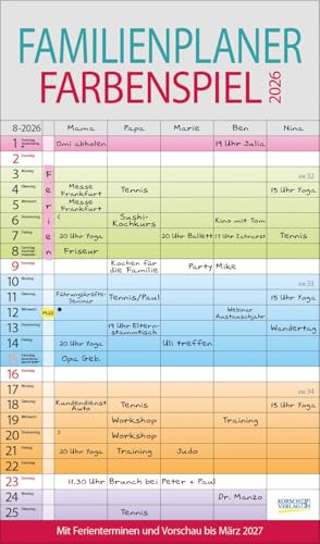 Familienplaner Farbenspiel 2026: Familienkalender, 5 breite Spalten, guter Überblick durch farbliche Wochen. Mit Ferienterminen, Vorschau bis März 2027 und nützlichen Zusatzinformationen.