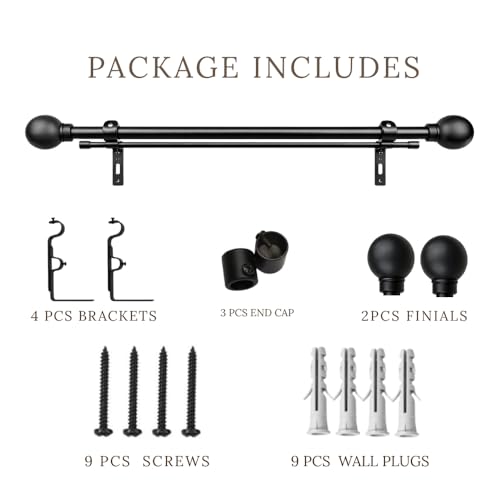 Image of 84 inch-144 inch Adjustable Double Curtain Rod For Door & Windows With Brackets Set Curtains Hanging Extendable Iron Metal Pipe Holder With Ross Grey Metal Finial (Black, 0.78 inch Diameter)