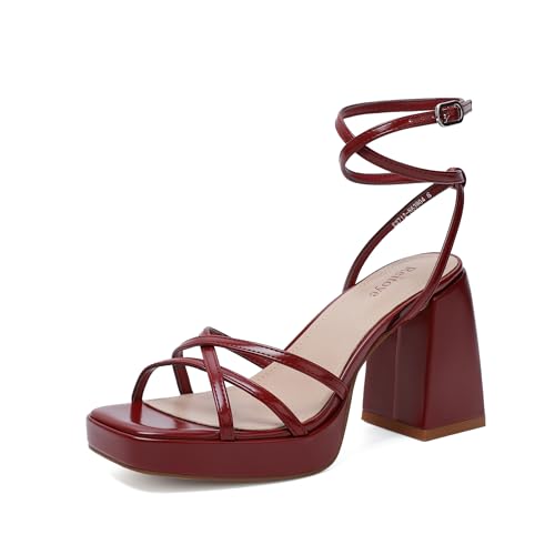 Reitoye Strappy Platform Heels for Women Ankle Strap Chunky Block Heel Square Open Toe Heeled Sandals for Party Wedding Prom Dress